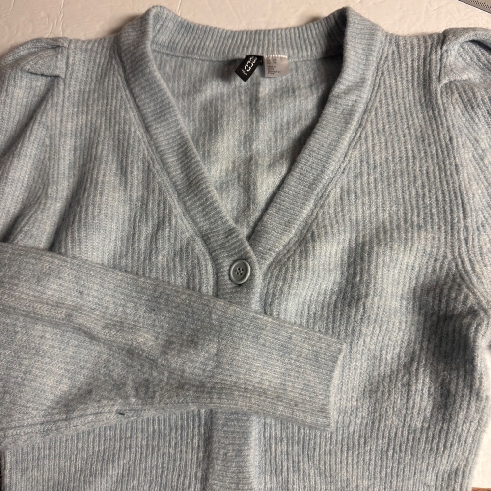 H&M Divided Cardigan Sweater Womens XS Blue Puff‎ Sleeve Button Front  Top crop
